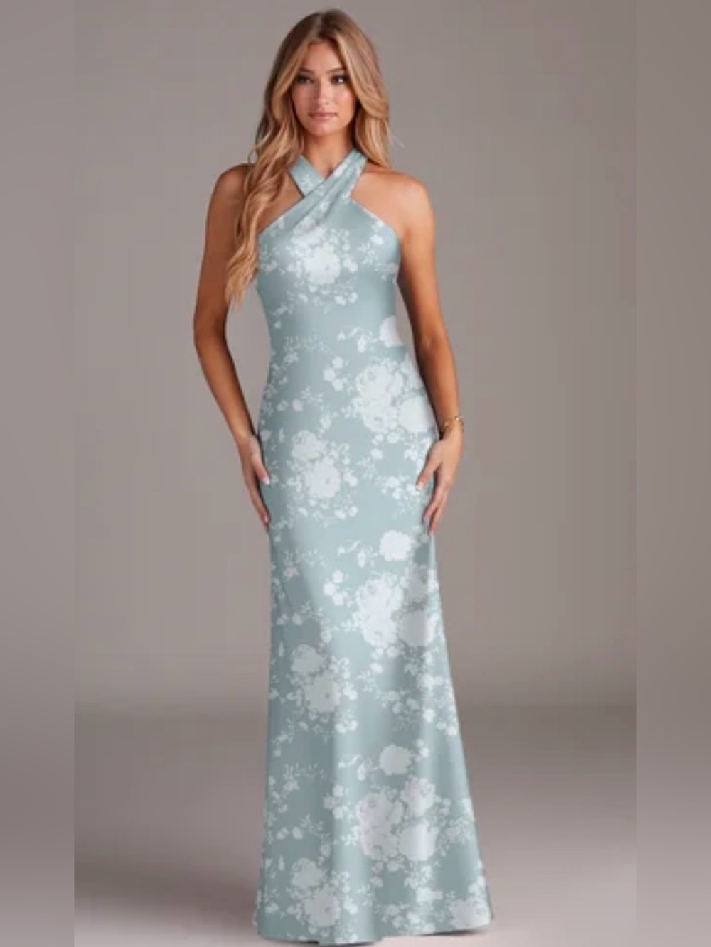 Azazie Saige Powder Blue Floral Satin Stretch High Neck Dress